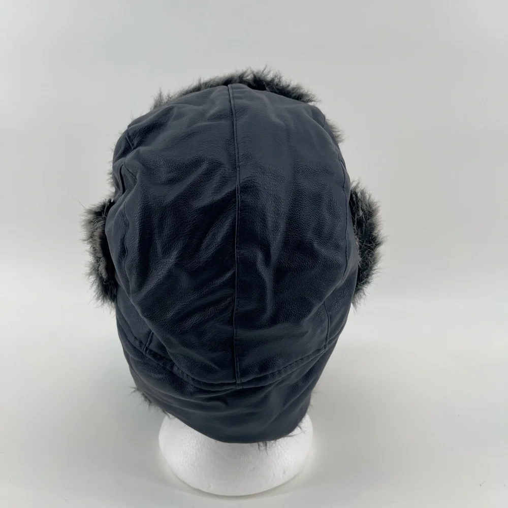 Faux Fur Leather Aviator Hat‎ in Black Winter Gear Warm Trapper